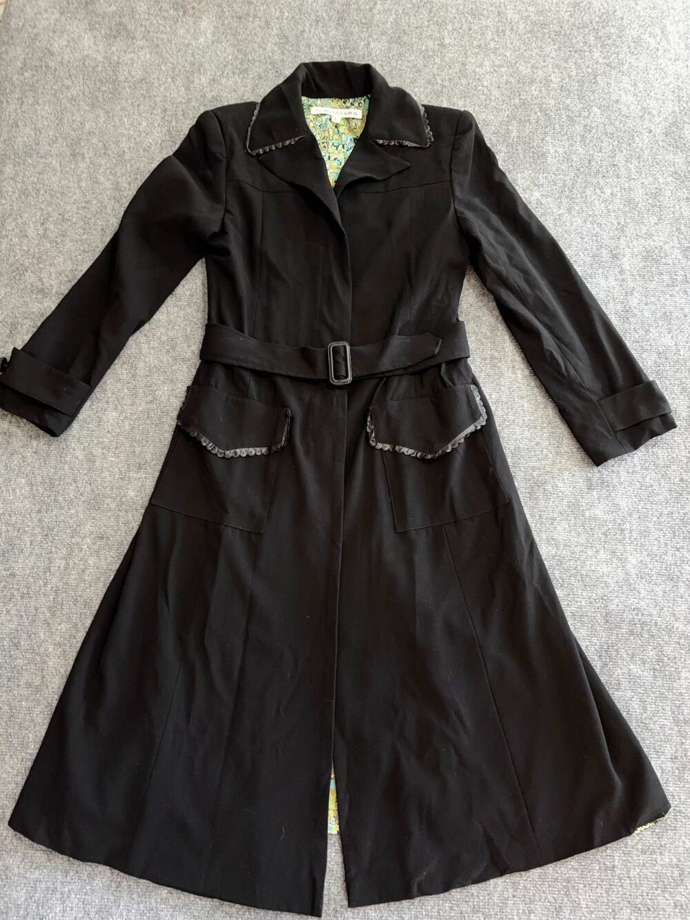 Vintage 90s Liz Williams NYC Designer Black Coat Belted Midi USA Large
